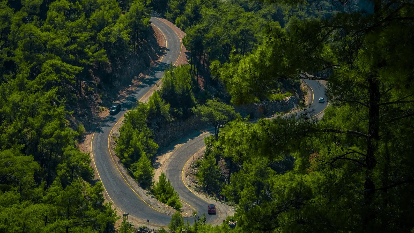 A road doubling back on itself in hairpins through dense forest in rural Japan