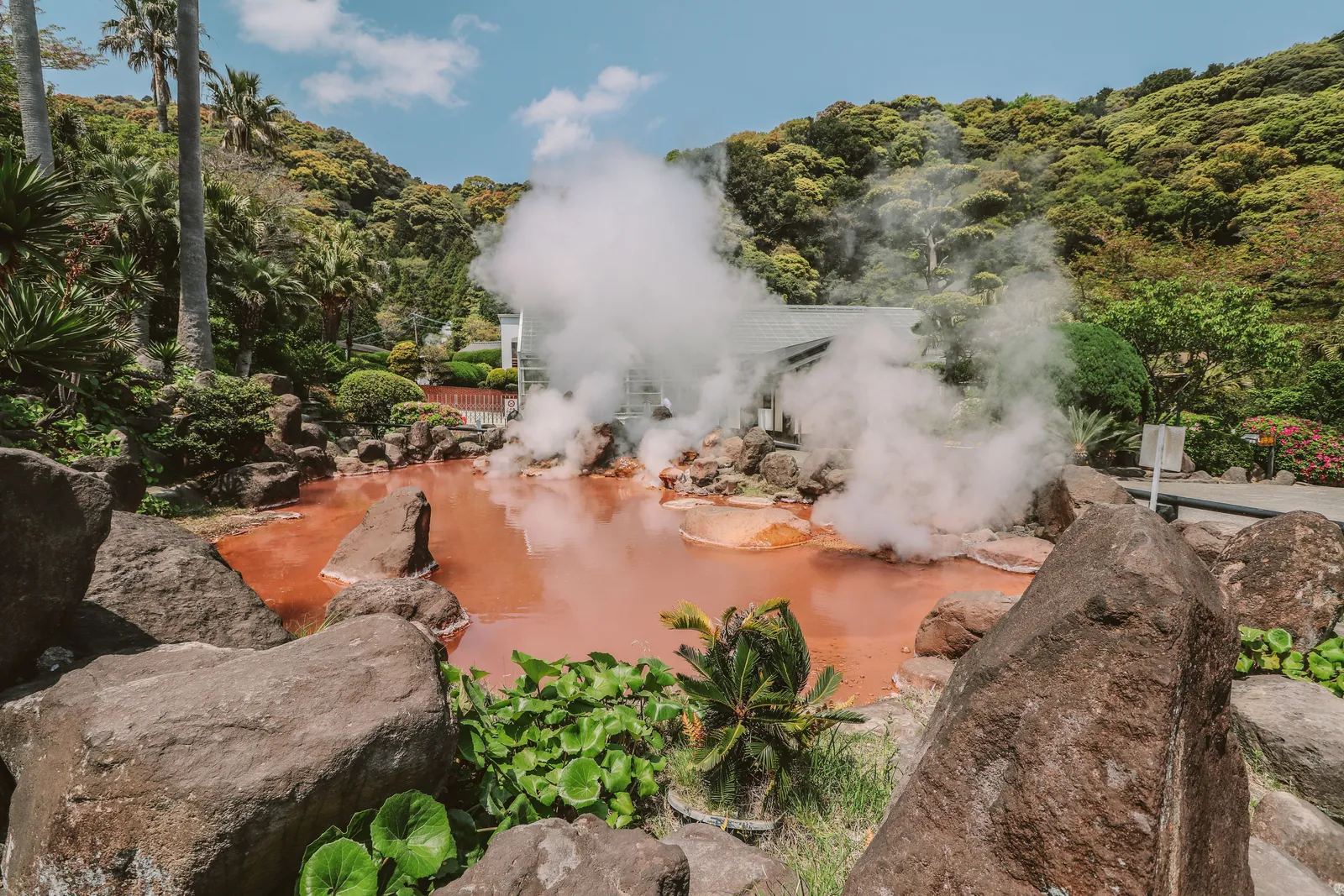 Steam rising from the coloured hot spring pools of the Beppu hells on Kyushu