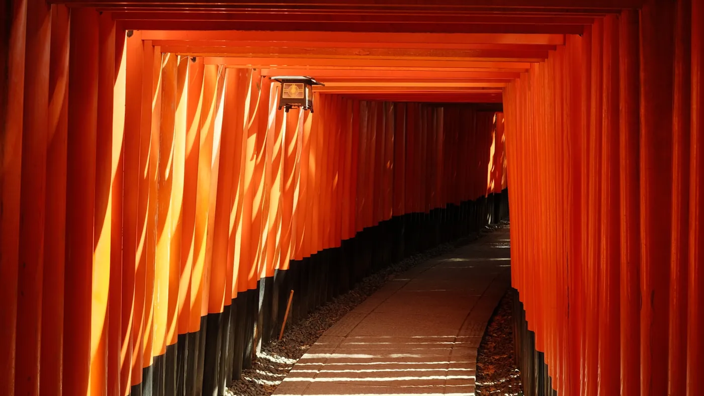 Inscribed torii gates at a Shinto shrine in Kyoto, Japan