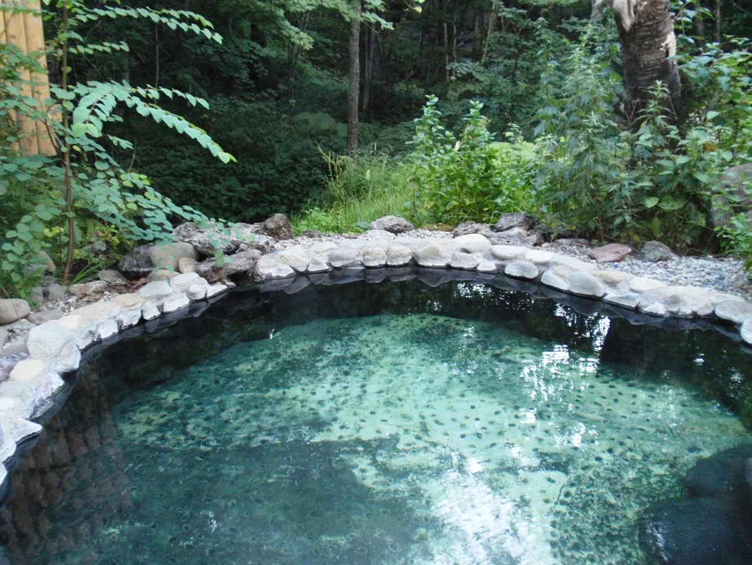 An outdoor rotenburo hot spring bath surrounded by rocks and trees in Japan