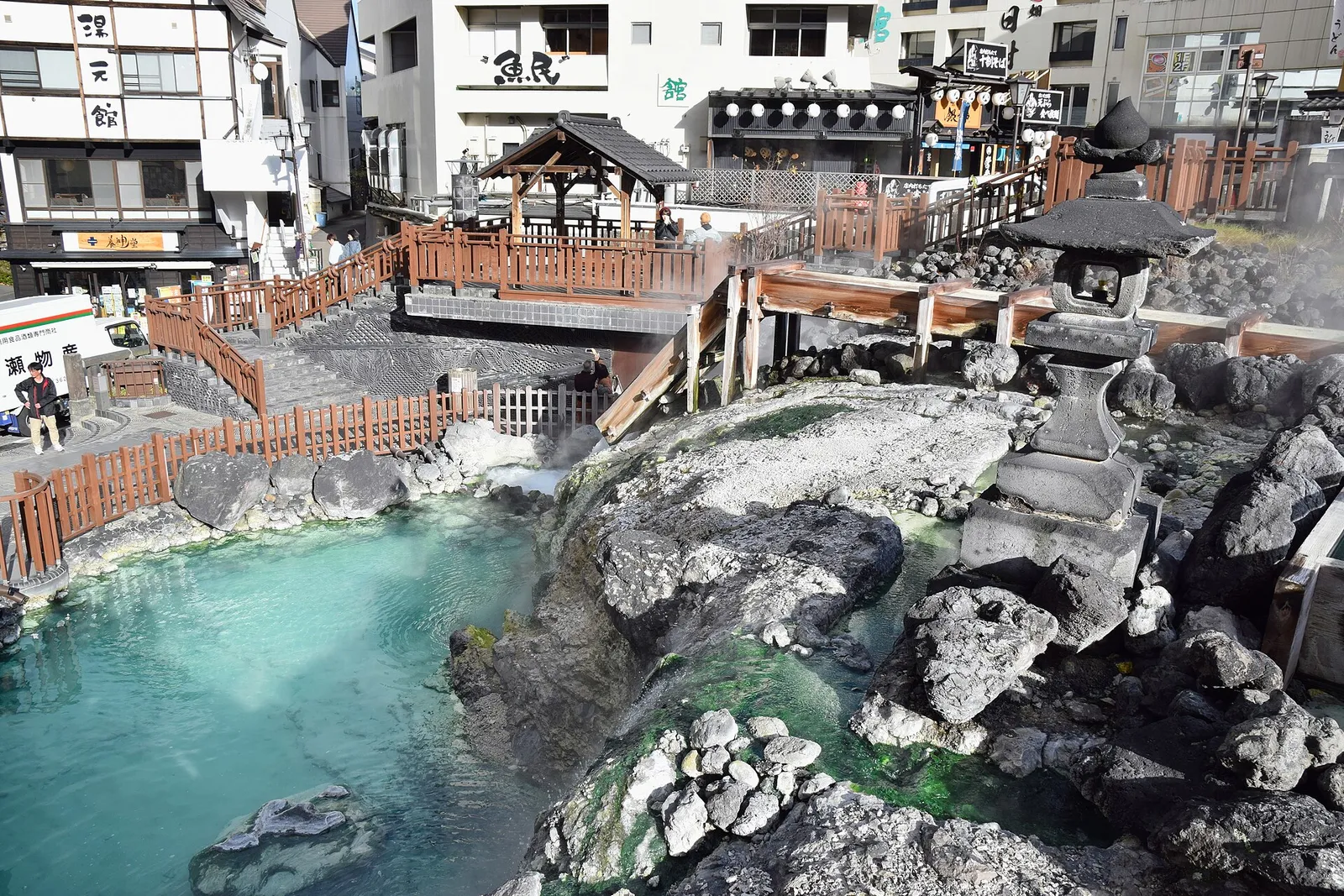 The steaming hot spring field at the centre of an onsen town in Japan