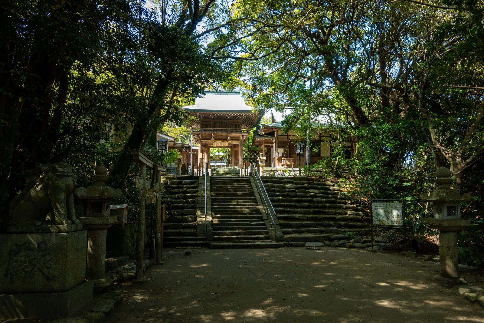 A long flight of stone steps climbing to a shrine gate through trees
