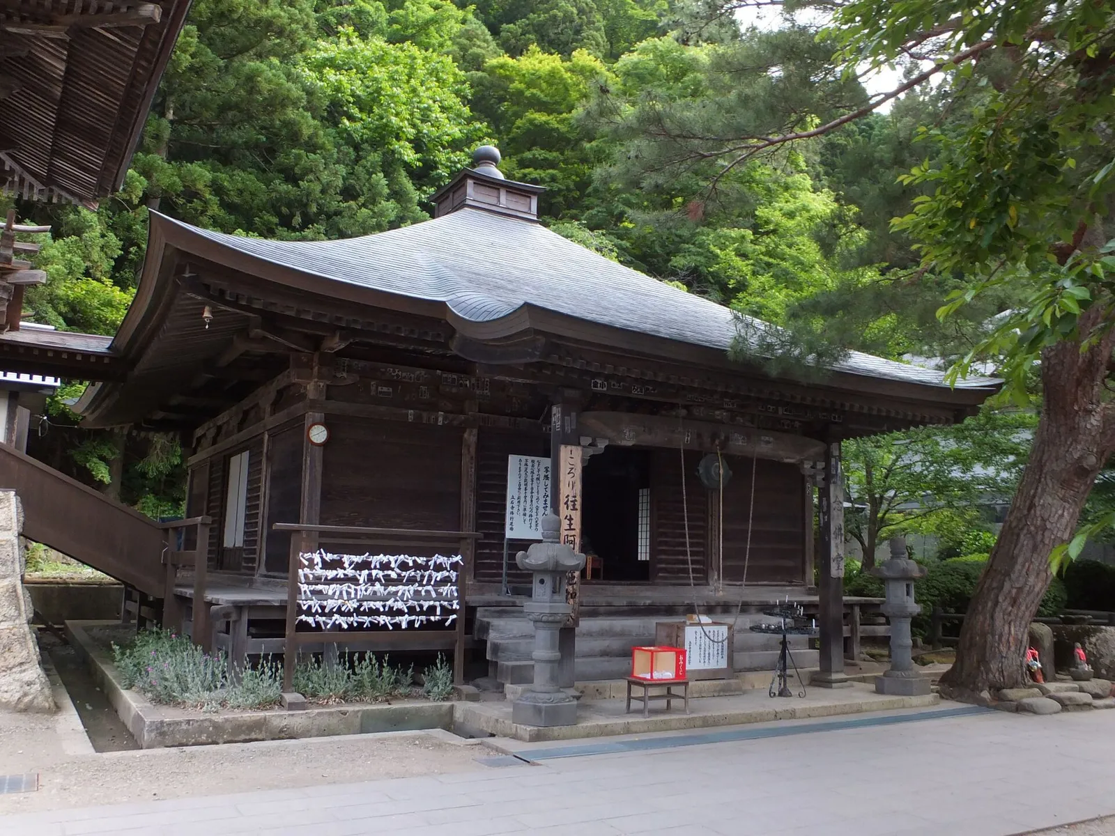 A wooden temple hall in the grounds at Yamadera, with cedars behind it